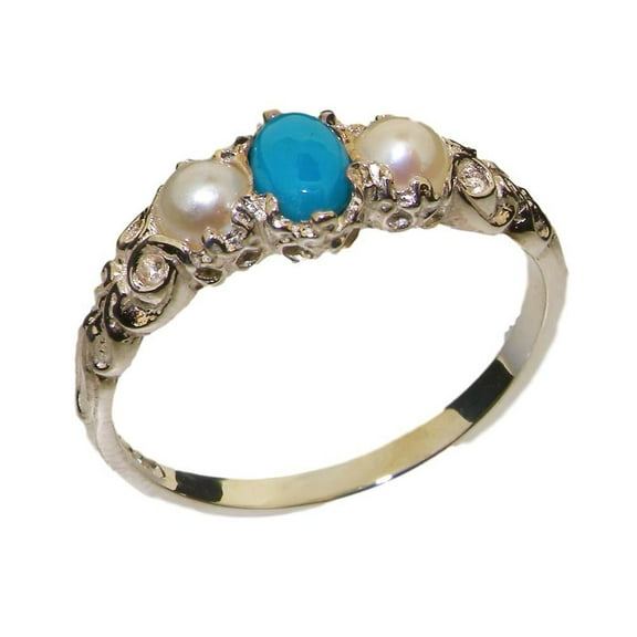 LBG British Made 10k White Gold Natural Turquoise & Cultured Pearl Womens Trilogy Ring - 33 size options - Sizes 4 to 12 Available