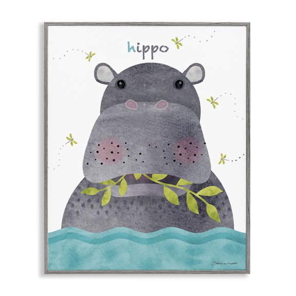 Stupell Industries Mid-Century Children's Hungry Animal Hippo Dragon Flies Blue Water Gray Framed Giclee Art, 11 x 14, by Stephanie Workman Marrott