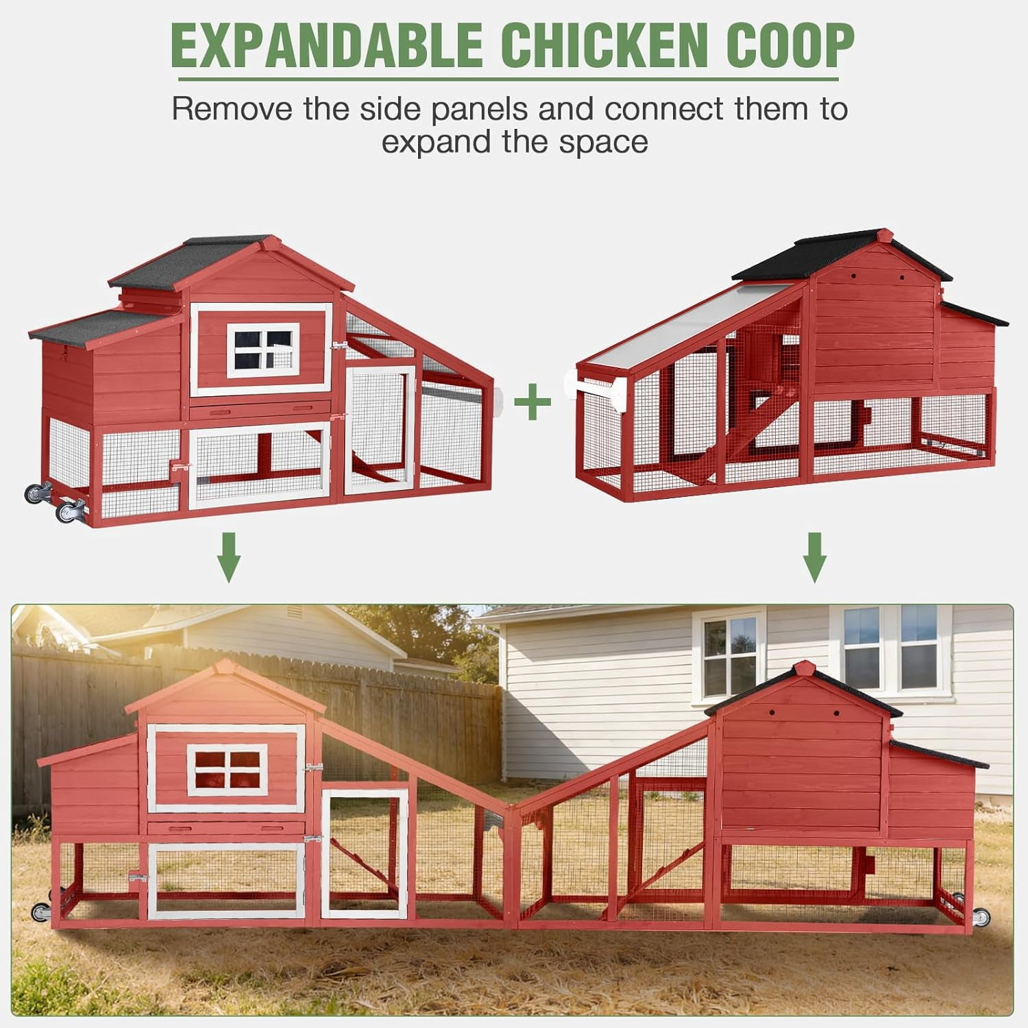 Aivituvin Chicken Coop for 2-4 Chickens with Wheels Outdoor Chicken House Mobile Large Poultry Cage Pull Out Tray No Leakage Red