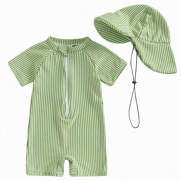 KPOPLK Toddler Baby Boy Girls One Piece Swimsuit Stripe Print Short Sleeve Zipper Bathing Suit with Hat Infant Rash Guard Swimwear(Green,12-24 Months)
