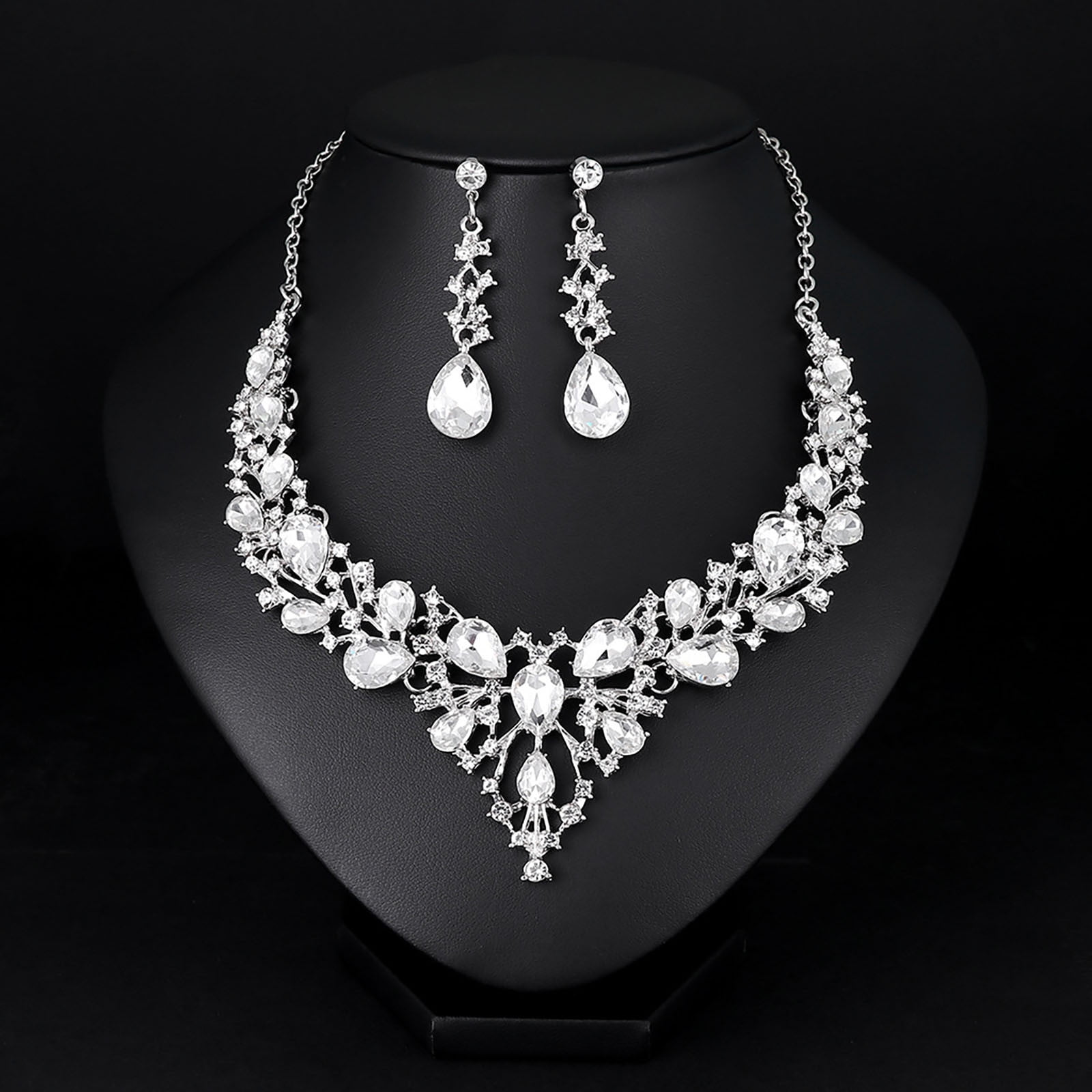 Party Alloy Rhinestone Earrings Crystal Pendant Necklace Bridal Jewelry Set