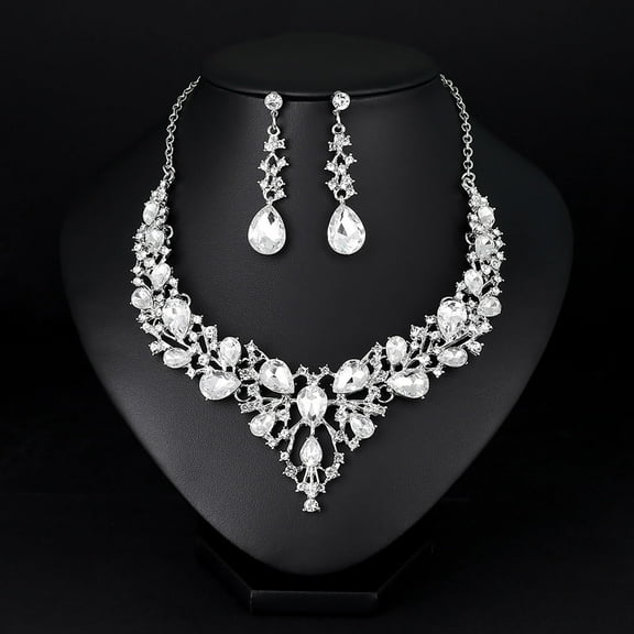HomeKingdee Rhinestone Bridal Necklace and Earrings Set - Geometric Teardrop Wedding Jewelry Accessories for Women