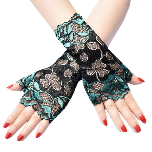 UNTERING Half-Finger Gloves Women Thin Sunscreen Fingerless Gloves Hollow Floral Lace Contrast Color Driving Mittens