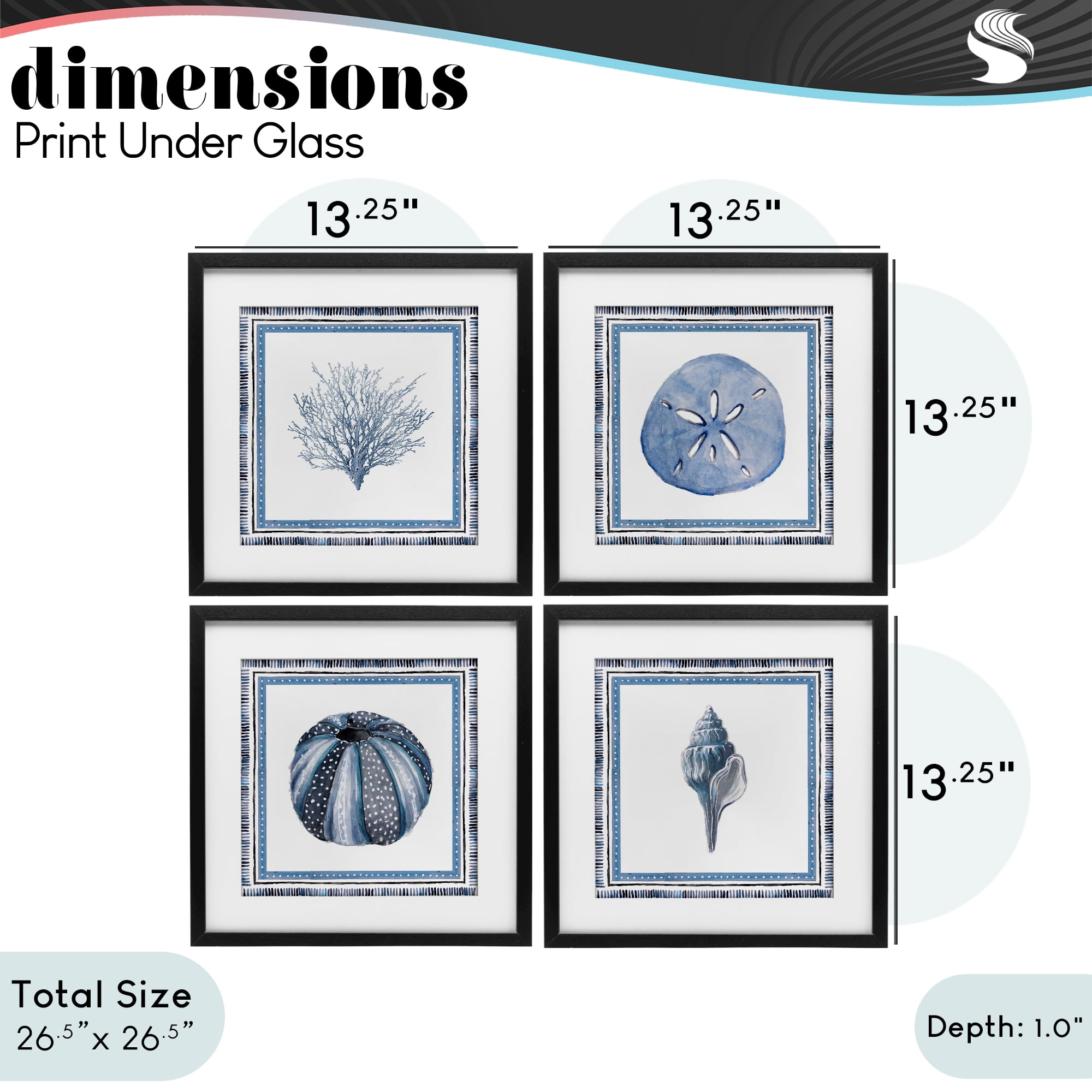 Stupell Industries Coastal Teal Bordered Coral 4 Piece Black Framed Print Under Glass Set, design by Lanie Loreth