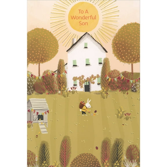 Pictura White Bunny on Egg Hunt in Gold Toned Yard Easter Card for Son