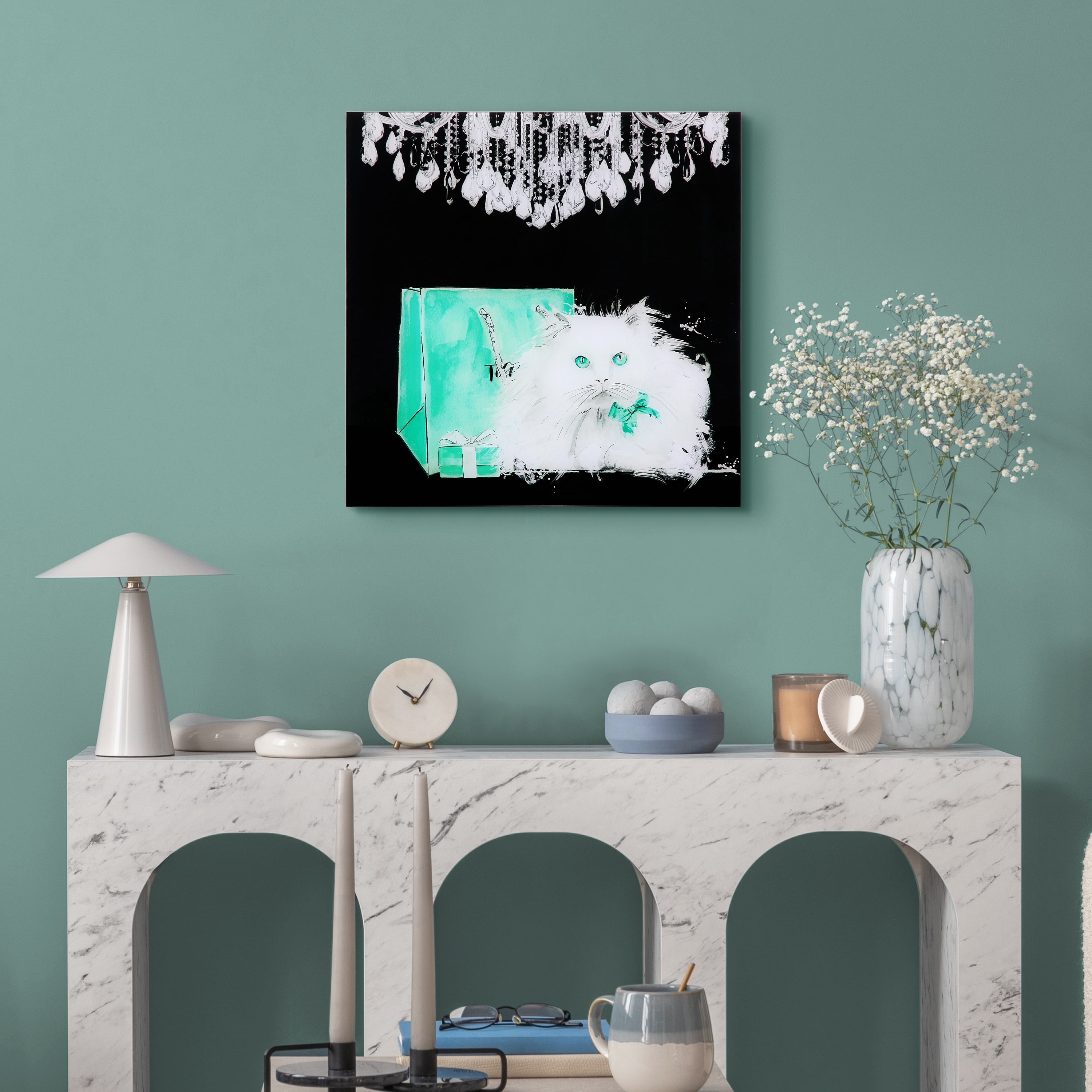 Empire Art Direct Snowball Frameless Free Floating Tempered Glass Panel Graphic Cat Wall Art, 20" x 20", Ready to Hang