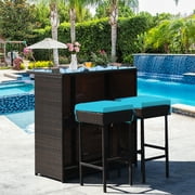 Gymax 3PCS Rattan Patio Bar Table & Stool Set Dining Set w/ Turquoise Cushion