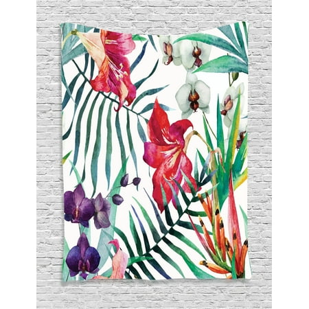 - Watercolor Flower Decor Wall Hanging Tapestry, Tropical Wild Orchid Flowers With Palm Leaves Print Exotic Style Nature Artwork, Bedroom Living Room Dorm Accessories, By Ambesonne