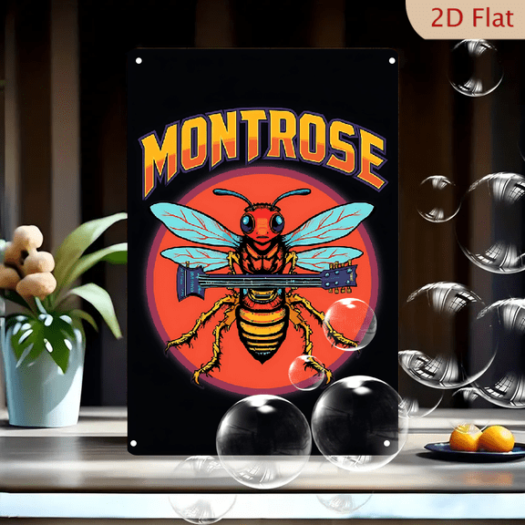 1pc Metal Wall Sign, 8x12 Inches, Rock & Roll Bee Playing Electric Guitar Design, Montrose Band Logo Inspired Art, Vintage Retro Music Theme Plaque, Unique Insect Musician Wall Art