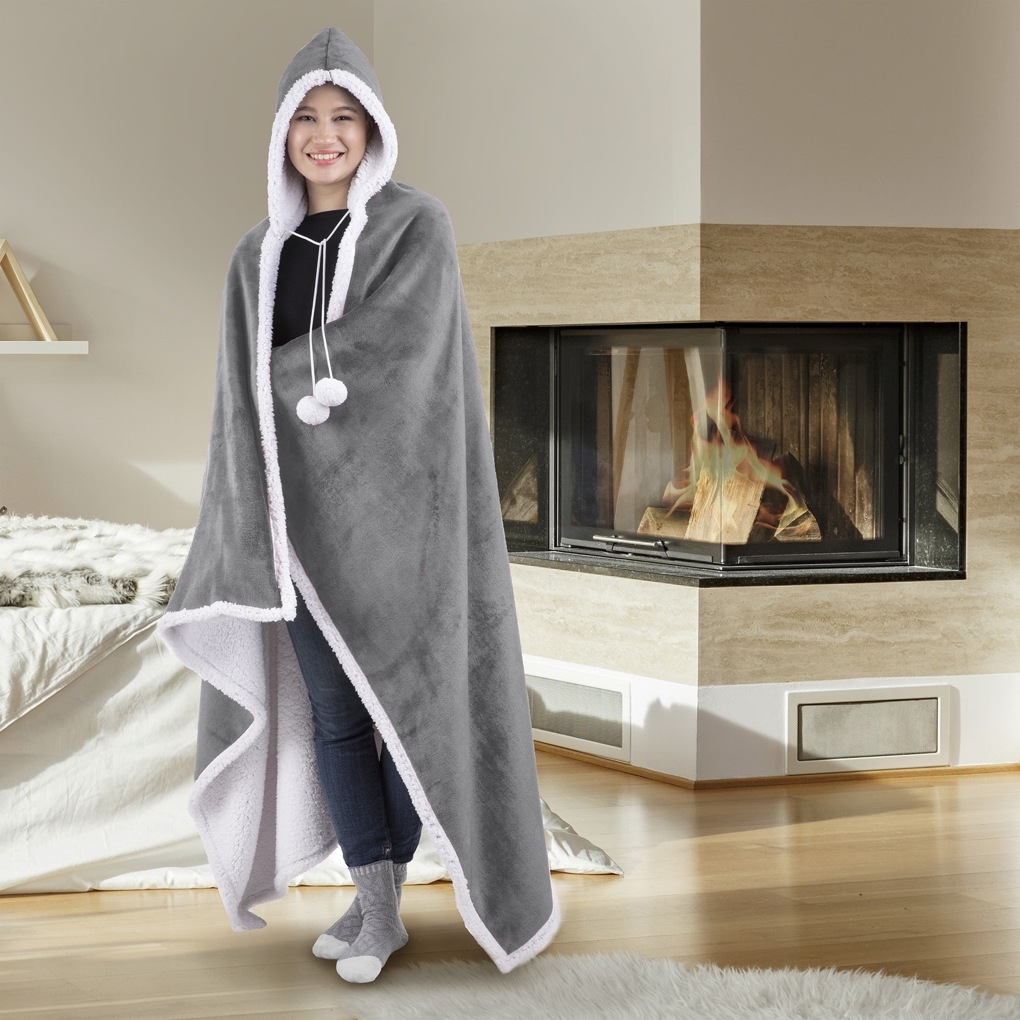 Wearable Hooded Throw Blanket, 52" x 72", Solid Charcoal Flannel
