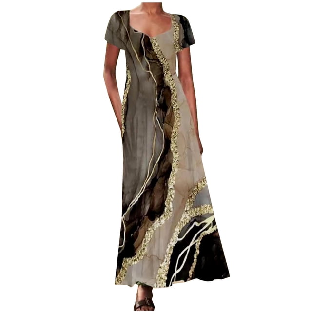 Birdeem Robe Longue Maxi Décontractée à Manches Courtes et Col Rond pour Femmes avec Poches Imprimées