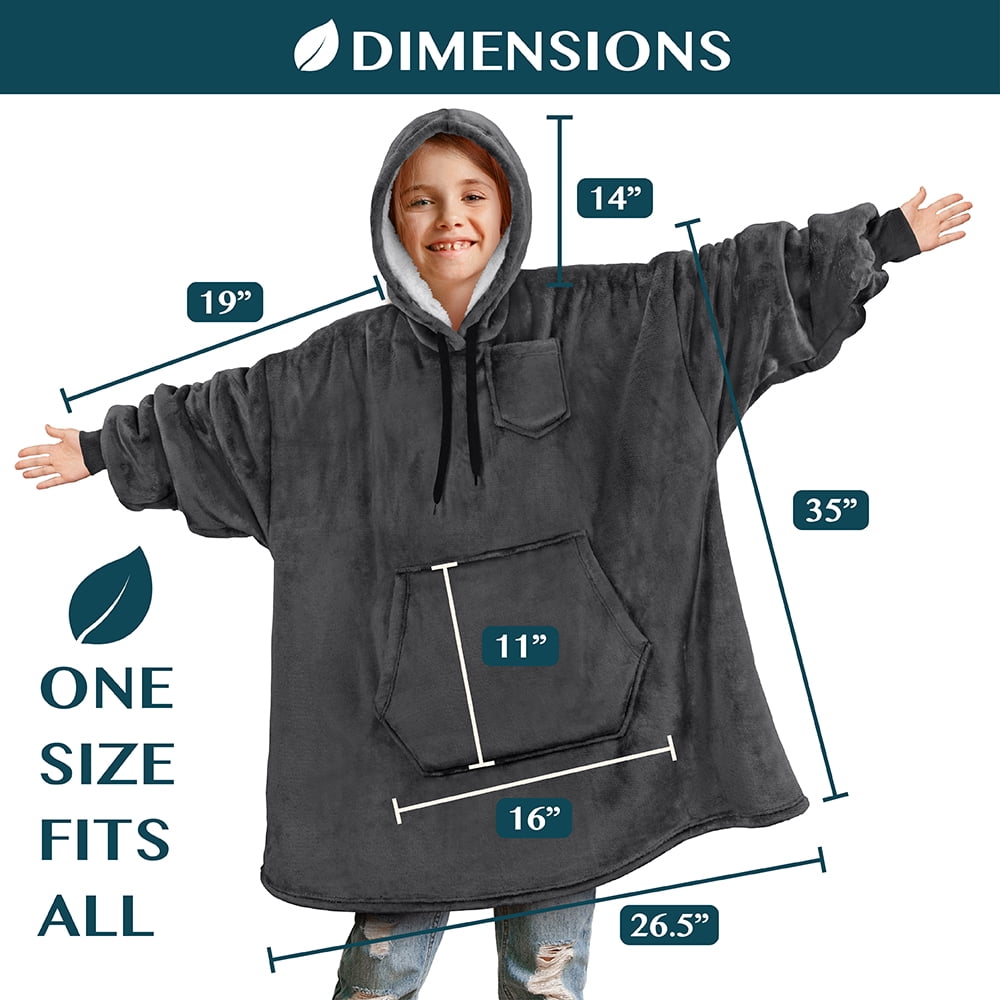 PAVILIA Wearable Blanket Sweatshirt for Kids Boy Girl Dark Grey Charcoal, Warm Cozy Giant Blanket Hoodie, Fleece Sherpa Oversized Blanket Sweatshirt with Sleeves, Big Pocket, Christmas Gift