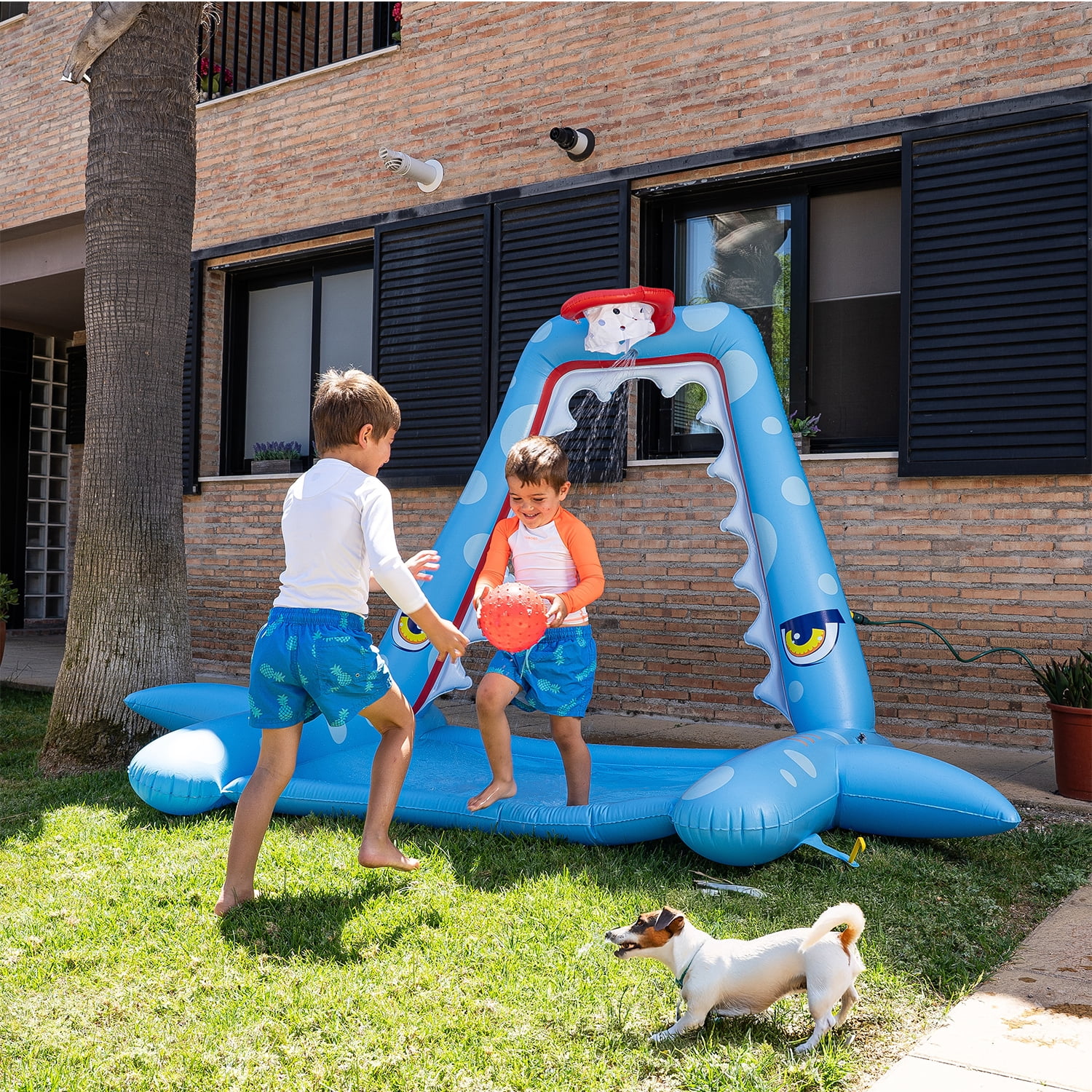 Zone Tech Giant Inflatable Shark Sprinkler Splash Pad with Basketball Hoop and Water Toys - Fun Sprinkler Summer Outdoor Game