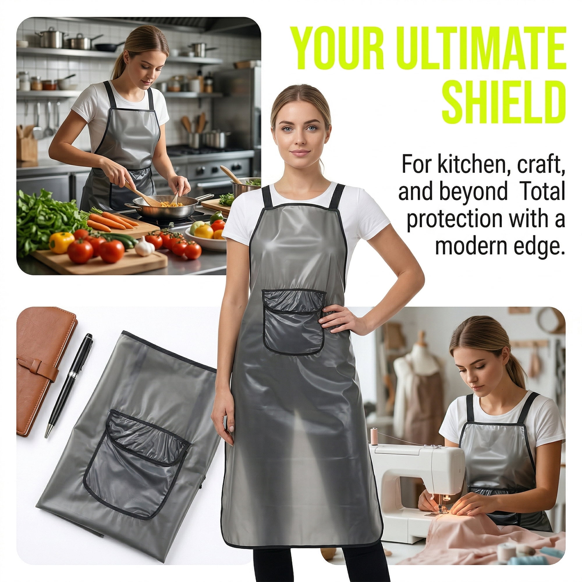 Unique Bargains Waterproof Kitchen Apron with Pockets for Home and Kitchen Long - Black