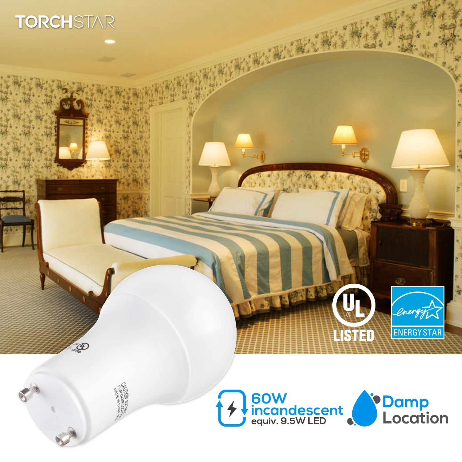 6 Pack Dimmable GU24 Base A19 Light Bulb, 9W LED Bulb, 60W Equivalent, for Ceiling Fans, Twist Lock GU24 Base Bulb for CFL Replacement, 3000K Warm White