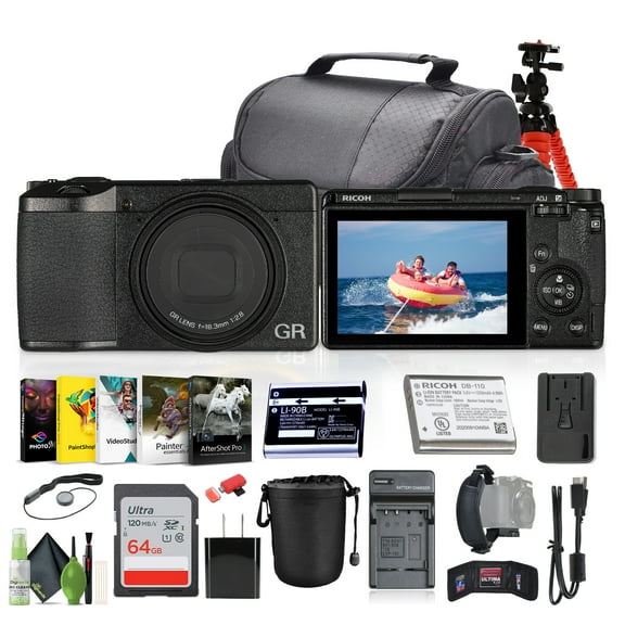 Ricoh GR III Compact Portable Digital Camera (15039)   64GB Memory Card   Photography Software   LED Light   Camera Bag   Flexible Tripod   Li 90B Battery   External Charger   More
