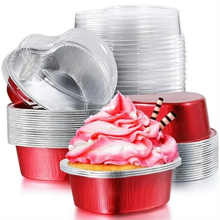 

Heart Shaped Cake Pans Disposable 50pcs Aluminum Foil Heart Cake Pans with Lids Disposable Ramekins Dessert Cups Flans Cupcake Cups