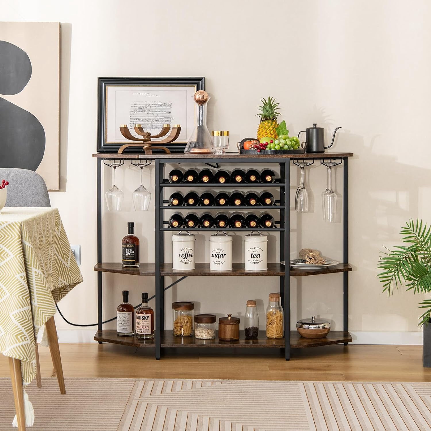 Wine Bar Cabinet with 3 Tier Wine Racks Wine Storage, Glasses Holder, Brown