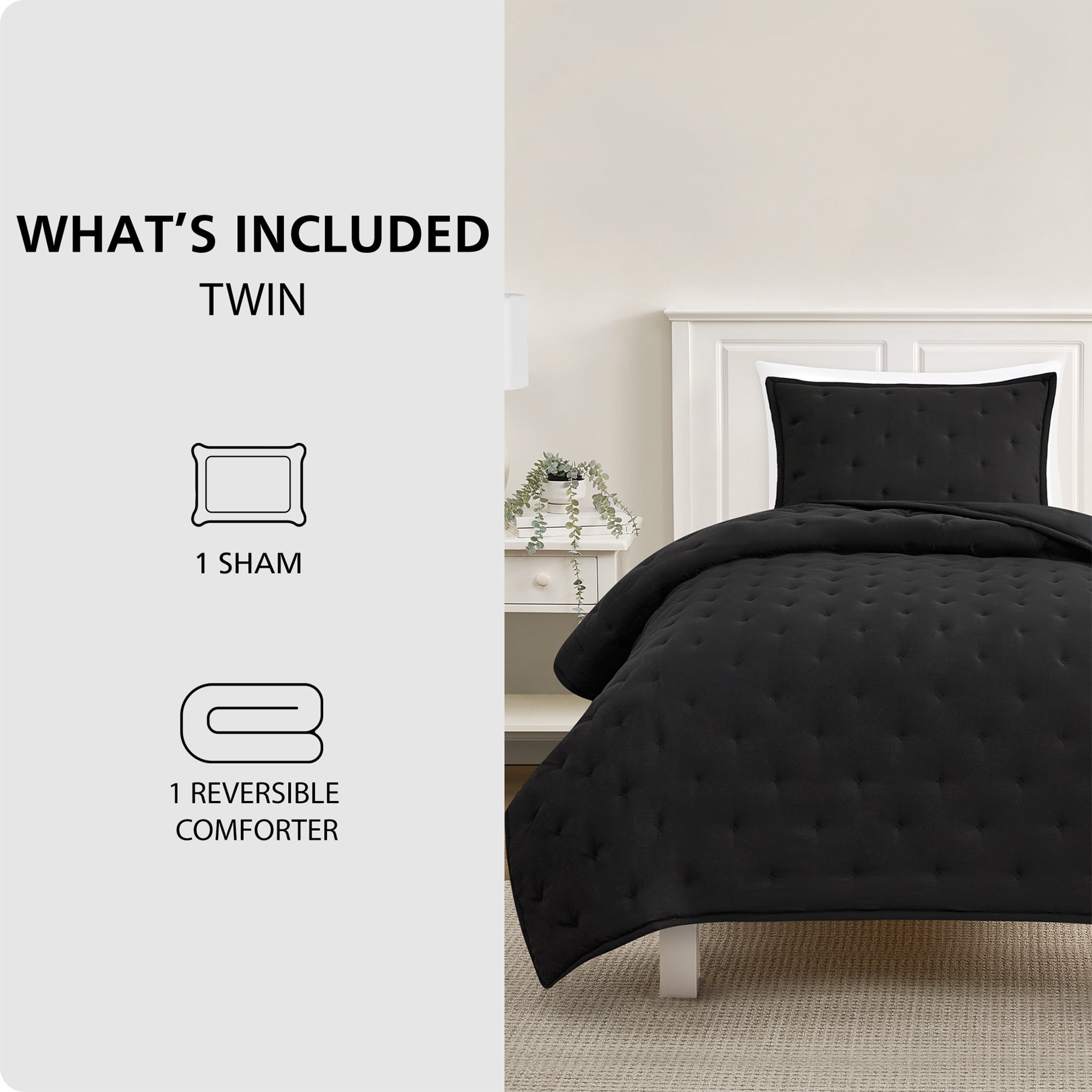 Mainstays Twin/Twin XL Comforter Set, Soft Lightweight & All Season, 2-Piece, Black