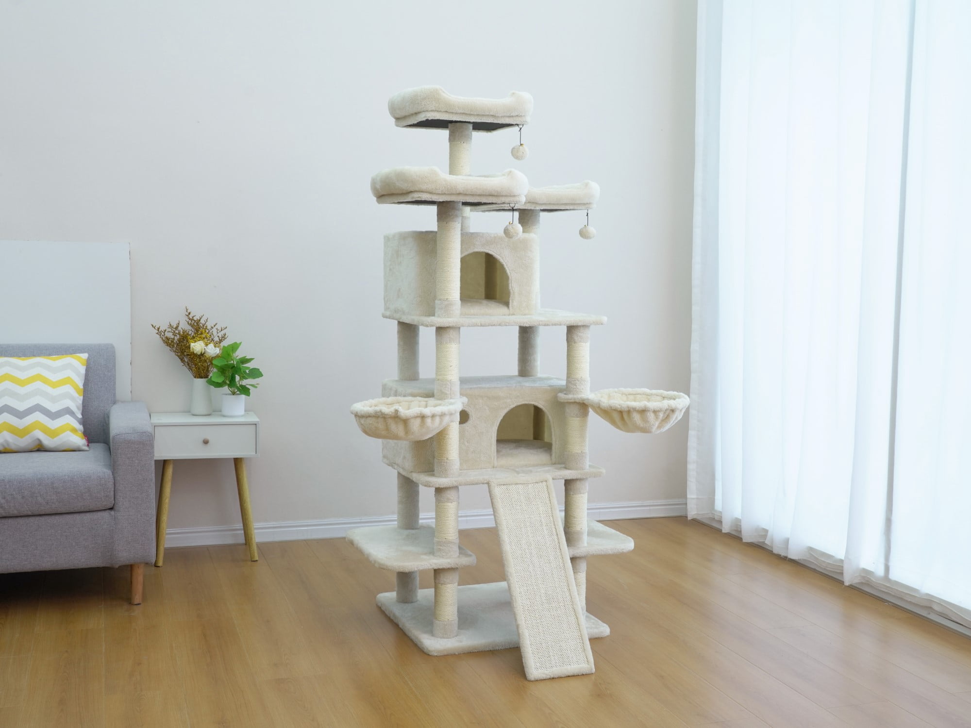 Vibrant Life Heavy Duty 8-Level 66" Cat Tree with Scratching Ramp, Two Condos and Hammocks, Beige