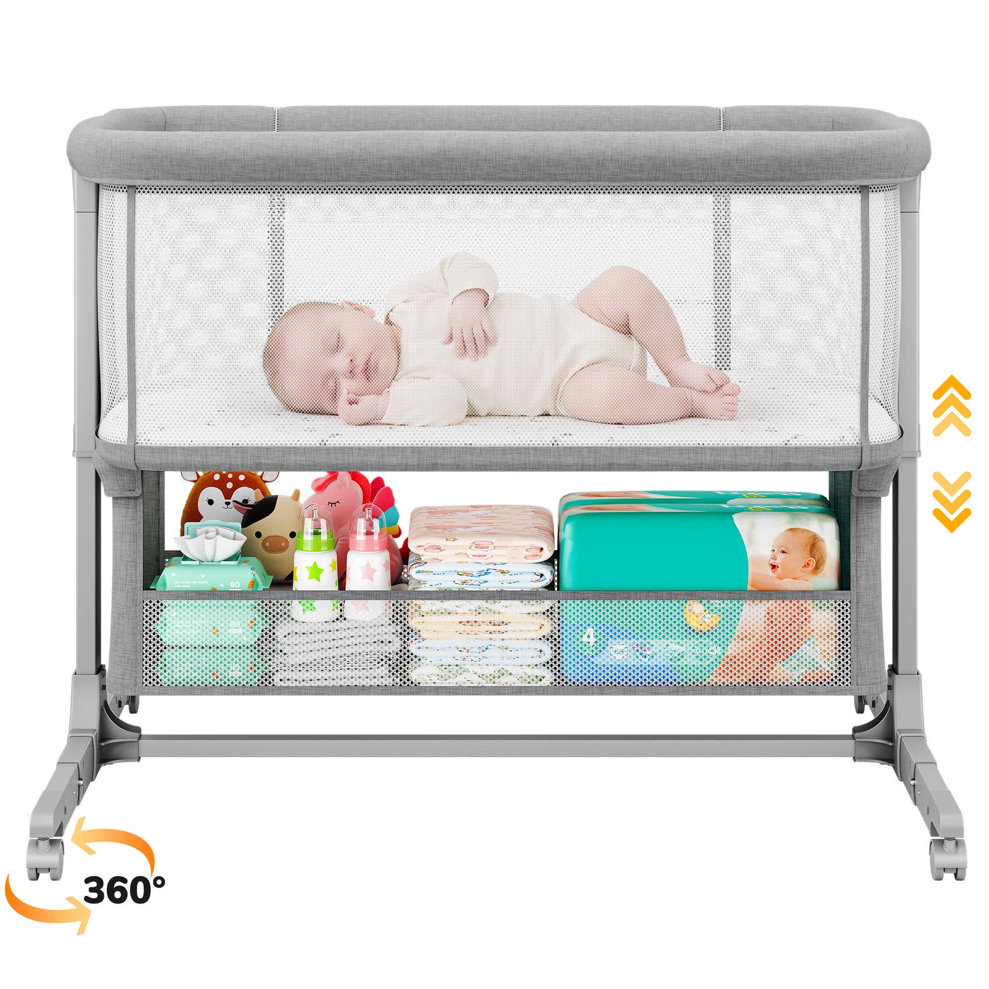 COFUNOK Baby Bassinet,Bedside Bassinet for Baby,Baby Bassinets Bedside Sleeper for Newborns,With 360° Swivel Wheels,7 Adjustable Height,Full-Mesh Sides,Large Storage Basket-Light gray