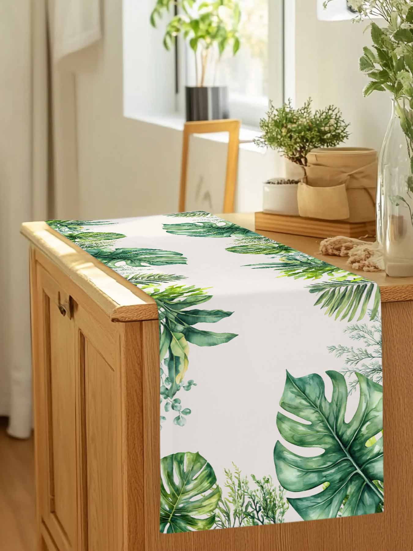 Summer Tropical Plants Palm Leaf Table Runner 90 Inches Long, Green Watercolor Leaves Table Runners Tabletop Scarf Kitchen Dining Tables Decoration for Home Party Indoor Outdoor