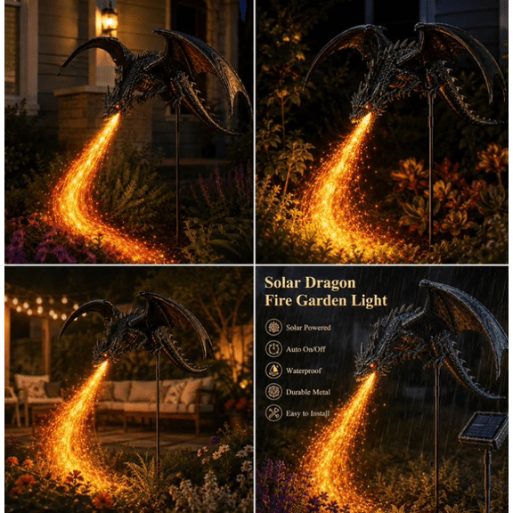 Dragon Fire Solar Powered Garden Stake Light, Impressive Warm Flame Glow Ornament for Walkway Entryway Flower Bed Backyard Night Landscape Layout
