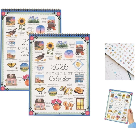 2026 Bucket List Calendar – Inspirational 12-Month Wall Calendar with Illustrated Pages & DIY-Friendly Design, Gentle Daily Prompts for Mindful Living, Gift for Friends (2Pcs)