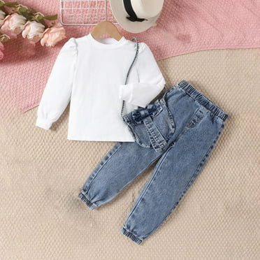 Cethrio Toddler Girls Outfit Sets, Long Sleeve Cotton 2 Piece Tops and Pants Set White Size 6T
