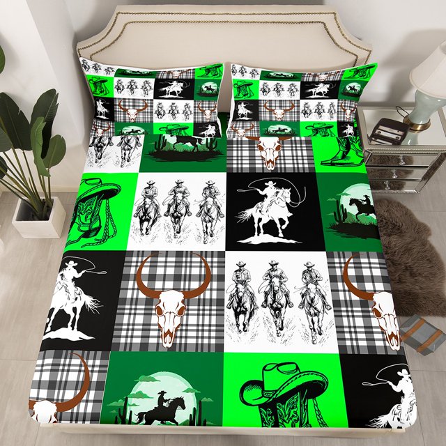 Erosebridal Rustic Cowgirl Fitted Sheet Set Full, Green Bedding Full Size, Sheep Skeleton Decor 3 Pieces