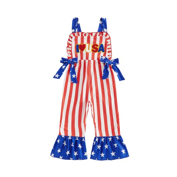 BemeyourBBs Kids Toddler Baby Girl 4th of July Outfit Patriot Independent Day Clothes Summer Romper Overalls Sleeveless Stars and Stripes Print Bow Jumpsuit Toddler Baby Girl Fourth of July Outfit