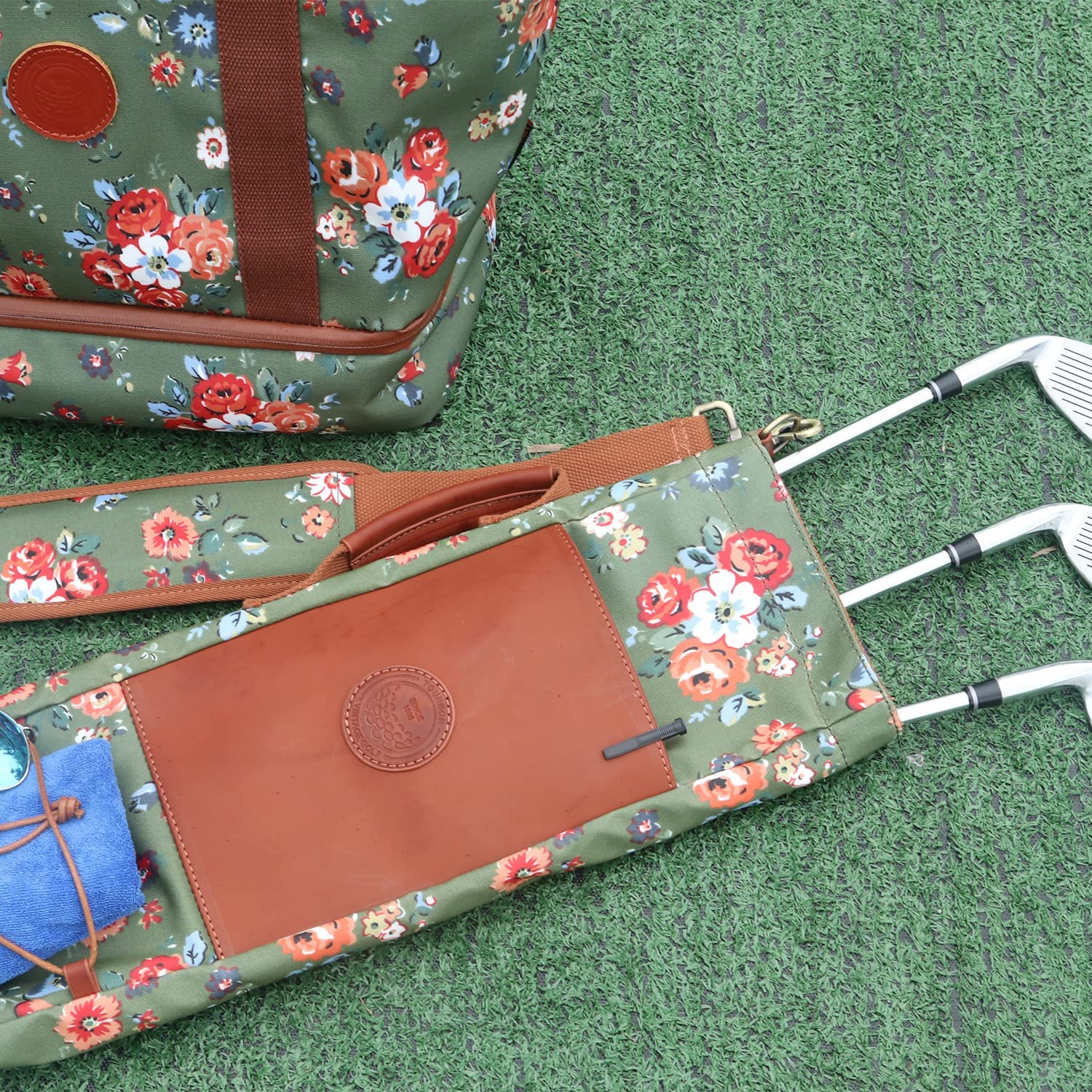 Canvas Golf Bag for Women Driving Range Travel Course Club Carry Case Green with Flower