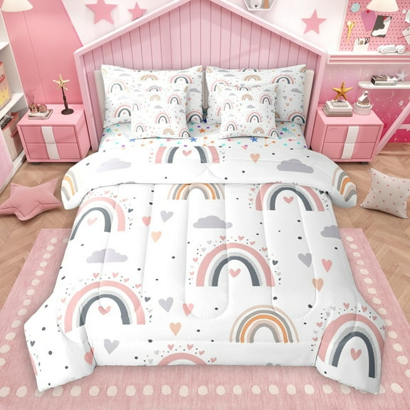 Manfei Pink Gray Rainbow 7-Piece Twin Bedding Sets,Kawaii Loves Pattern Bedding Comforter Set,Fairy Tale Theme Sheet Sets For Girls,Super Cozy Room Decor Reversible