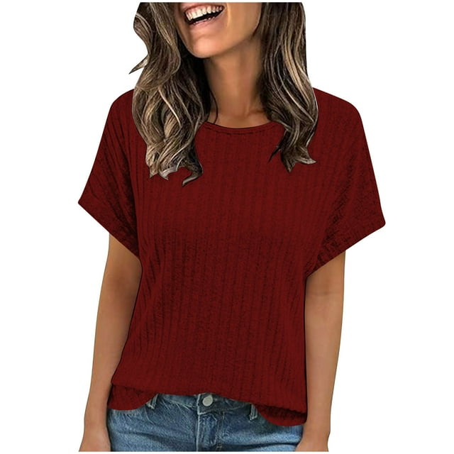 Mujeres de Manga Corta Tops Nuevo Color Sólido Cuello Redondo Tira de Punto, Poliéster