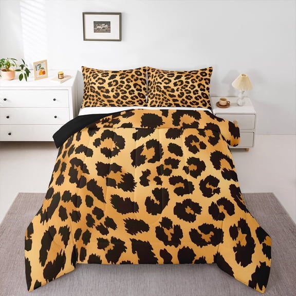 Manfei Wild Cheetah Pattern Bedding Comforter Set,Black Brown Twin Comforter Sets,Leopard Print Bedding Set For Child,Super Cozy Room Decor Reversible,2pcs