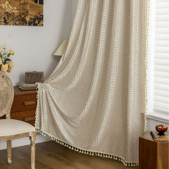 Sunyuer Boho Curtains Crochet Lace Semi-Sheer Bohemian Hollow Knitted Handmade Tassels, Rod Pocket Window Treatment Vintage Rustic Farmhouse Drapes for Living Bedroom, 2 Panel