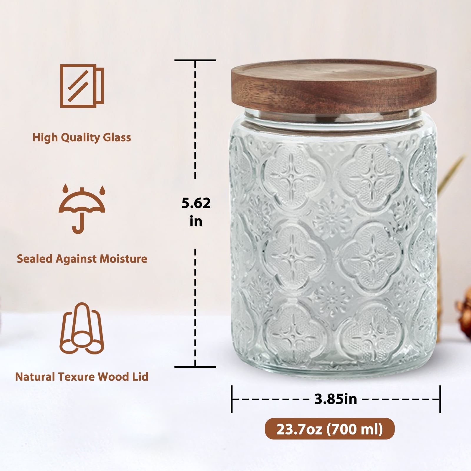 FORHVIPS 24 OZ/2 PCS Glass Food Storage Containers with Airtight Bamboo Wooden Lids,Canning Jars Wide Mouth Mason Jars Canisters Sets for Kitchen Counter,Sugar,Flour,Candy,Tea,Coffee,Oats