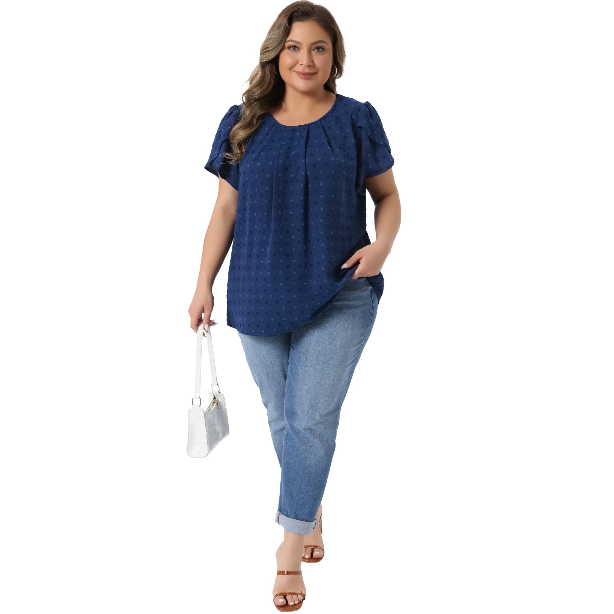 DARING DIVA Women's Plus Swiss Dot Crew Neck Tulip Top 4X Blue