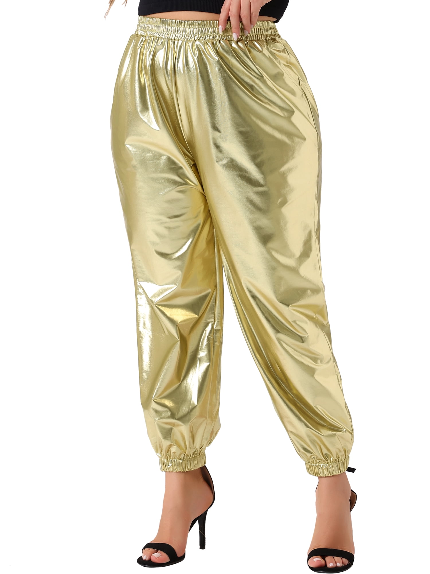 DARING DIVA Women's Plus Jogger Pants Metallic Shiny Stretchy Trousers 4X Gold