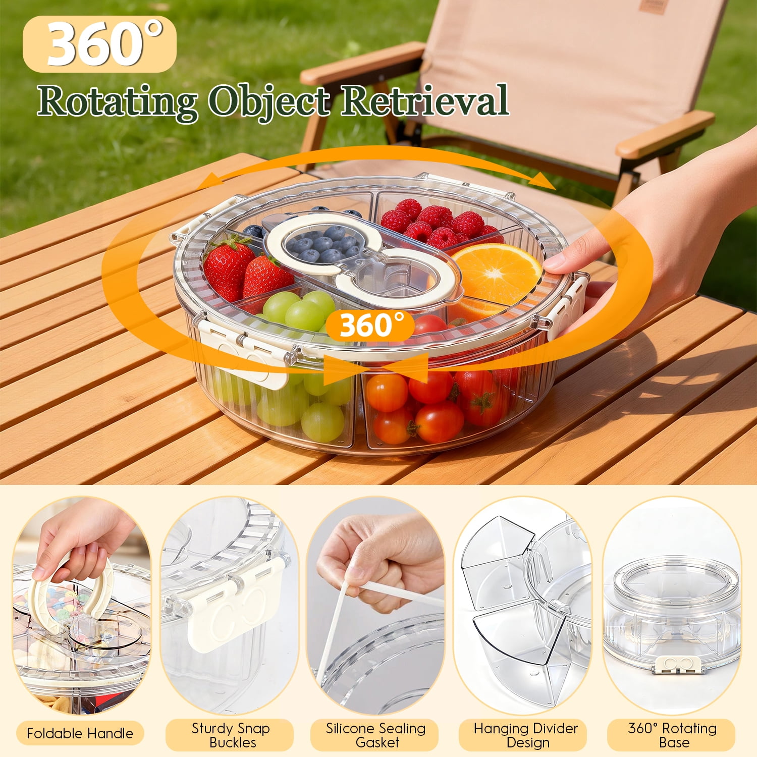 Snackle Box Container with Lid, Handle & 100 Forks, Stackable Divided Serving Tray for Fruits Candy Organizer, Portable Spinning Rounded Veggie Tray for Kitchen, Party, Travel & Picnic, 2 Pack