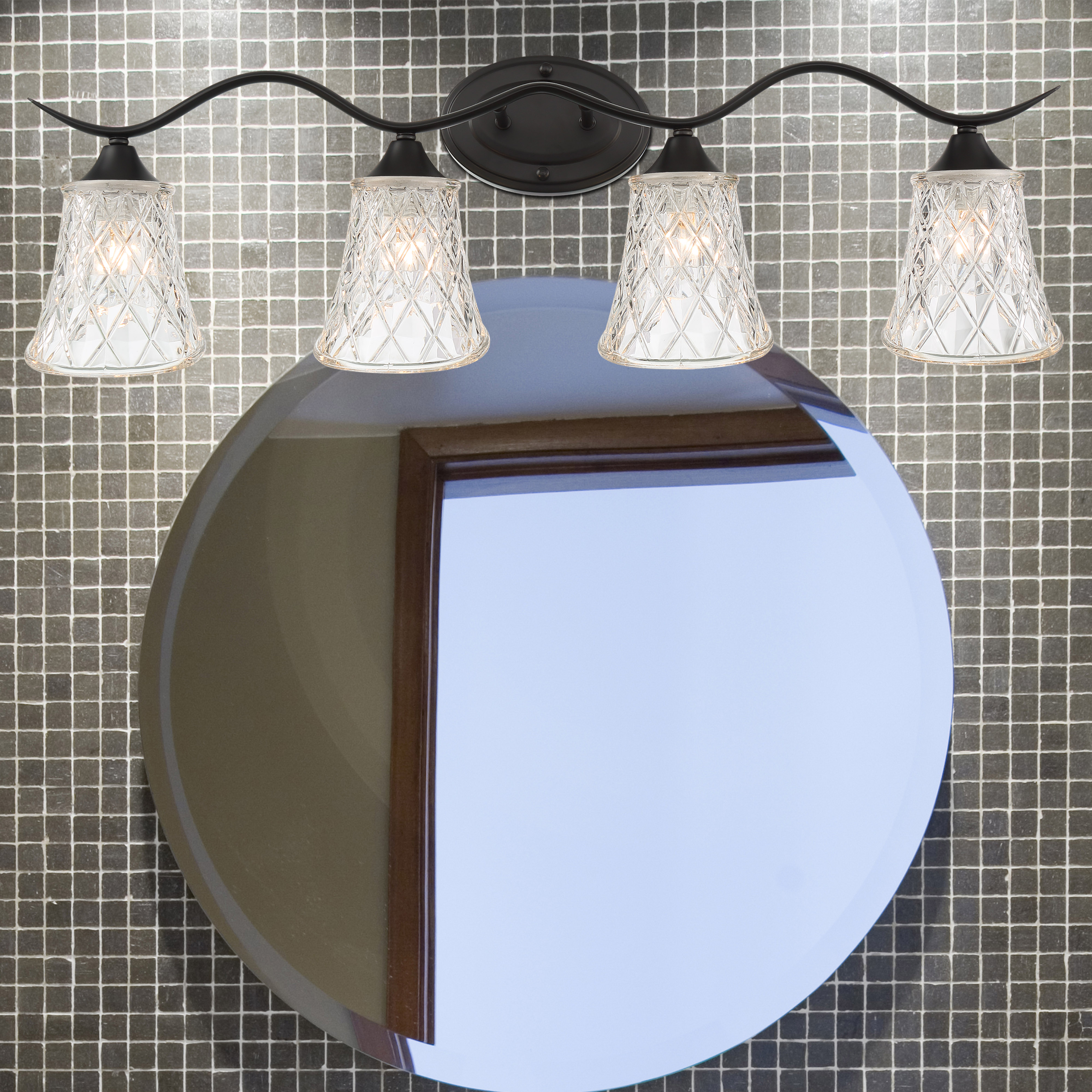 Vanity Art Elegant Cut Crystal Glass 4 Lights Dimmable Matte Black Wall Vanity Light for Mirror Hallway Living Room | Modern Wall Lighting with Clear Glass Shade Bathroom Light Fixtures W2004BK-R03