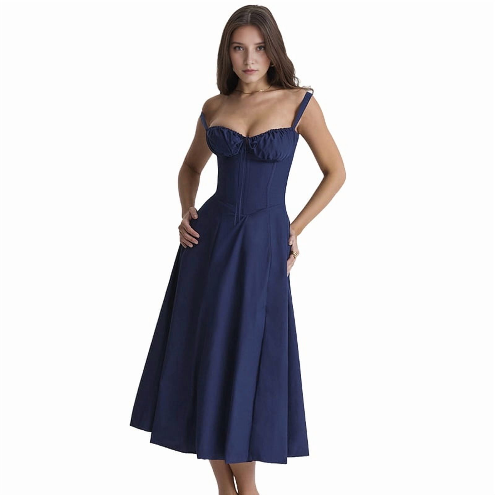 Women'S Summer Midi Corset Boho Dresses Casual Spaghetti Straps Lace Up Dress Flowy Aline Beach Sundress Navy Blue S