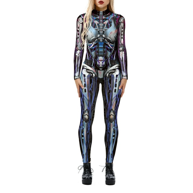 TheFound Justaucorps Squelette d'Halloween pour Femmes à Manches Longues, Pantalon, Col Roulé