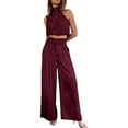 thumbnail image 5 of sunsanly 2 Pcs/Set Women Cro Top Pants Set Sleeveless High Collar Pleated Short Top Solid Color Drawstring High Waist Wide Leg Loose Trousers Set, 5 of 8