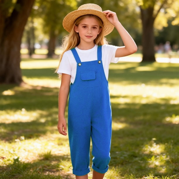 Monos de moda para niños y niñas, bonitos, de color liso, holgados, con bolsillos y botones y tirantes