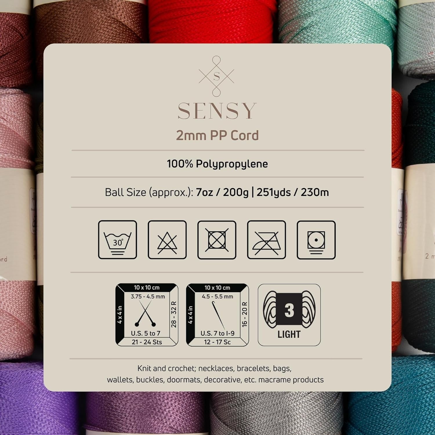 2 Skeins of Sensy Premium 2mm 251 Yards Polyester Rope 100% Polypropylene Cord Macrame Cord 2mm Crochet Bag Cord Macrame Rope Crochet Thread Gift for Knitter (Avocado)