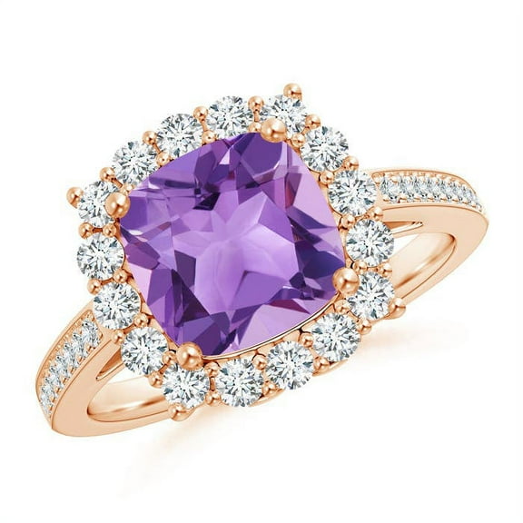 ANGARA Natural Cushion 2.2 ct Amethyst Cocktail Ring with Diamond Halo in 14K Rose Gold for Women (Size-8mm) | February Birthstone, Anniversary, Jewelry Gift for Women | Natural Amethyst Ring