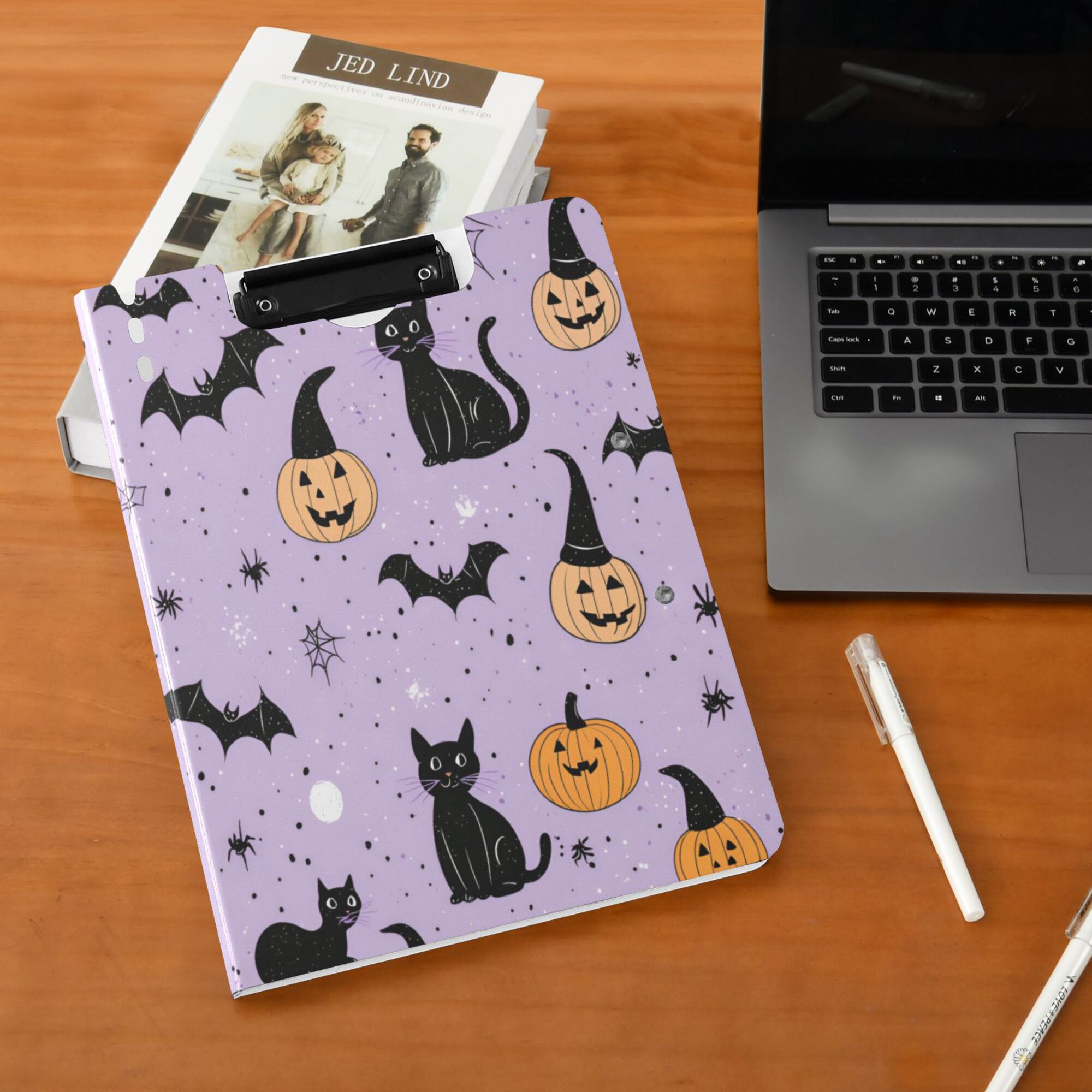 FORMRS A4 Clipboard Folder with Pen Holder Horizontal Foldable School Office Binder, Light Purple Halloween Black Cat
