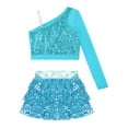 thumbnail image 4 of Haitryli Kids Girls 2 Piece Sequin Crop Top with Tiered Skirts Dance Outfits for Hip Hop Jazz Cheer Performance Light Blue 16, 4 of 5