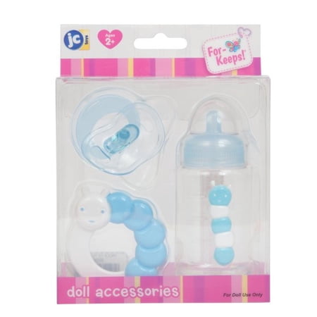 Blue Baby Doll Bottle, Rattle & Pacifier Set , JC Toys - for Keeps Playtime! , Fits Many Dolls up to 15" , Play Accessories , Ages 2+ Blue Bottle Set